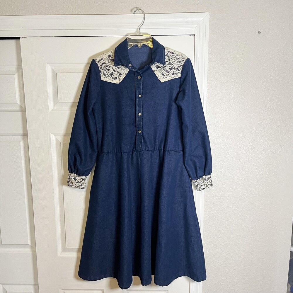 Vintage 70s Western Dress Womens M Chambray Lace Trim Prairie Gunne Snap Button